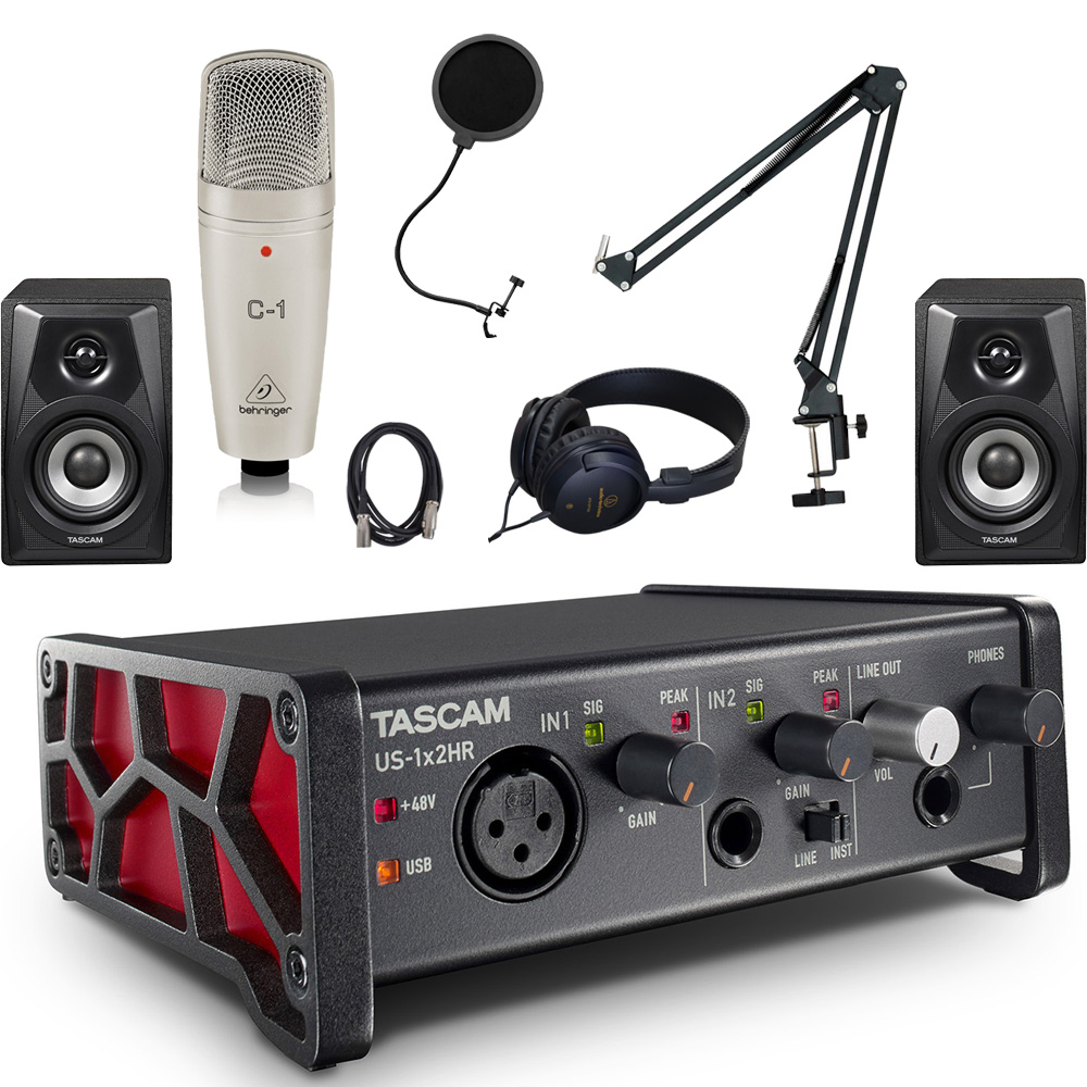 TASCAM USBオーディオインターフェイス US-1x2HR (コンデンサーマイク＆デスクアームマイクスタンド＆モニタースピーカー付)【福山楽器センター】