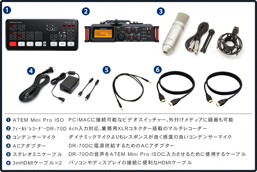 Blackmagic HDMI ビデオスイッチャー ATEMmini Pro ISO(フィールドレコーダー・コンデンサーマイク付)【福山楽器センター】