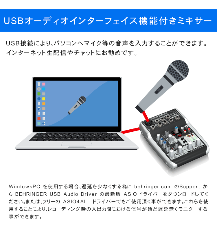 ベリンガー（BEHRINGER）小型アナログミキサー Q502USB-XENYX【福山